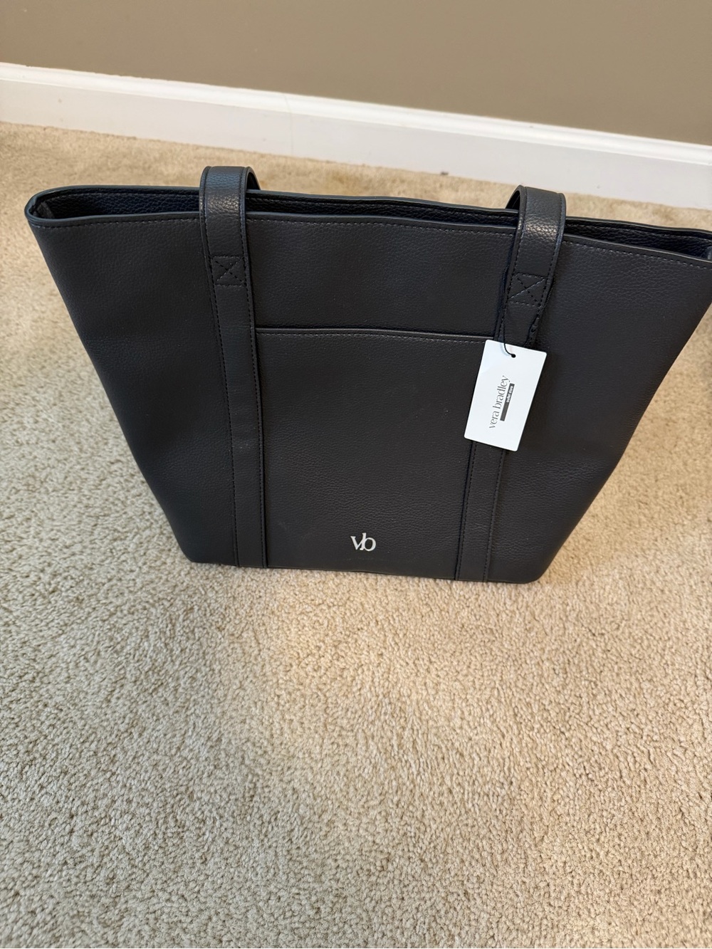 Vera Bradley Black Pebbled Leather Tote with Front Pocket New